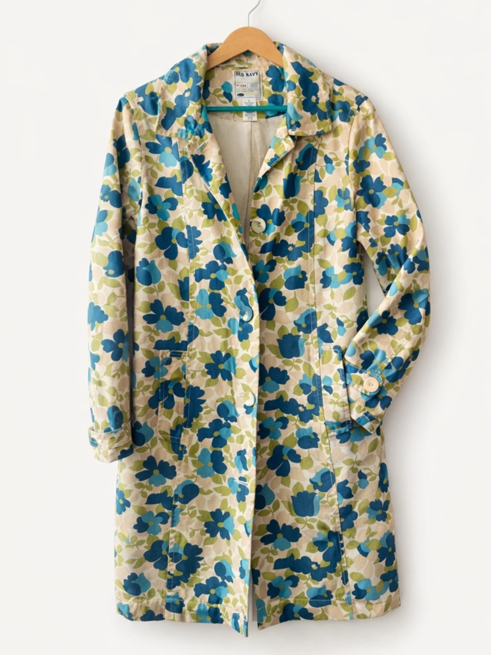 Old Navy VINTAGE Blue & Green Floral Cotton Trench Coat